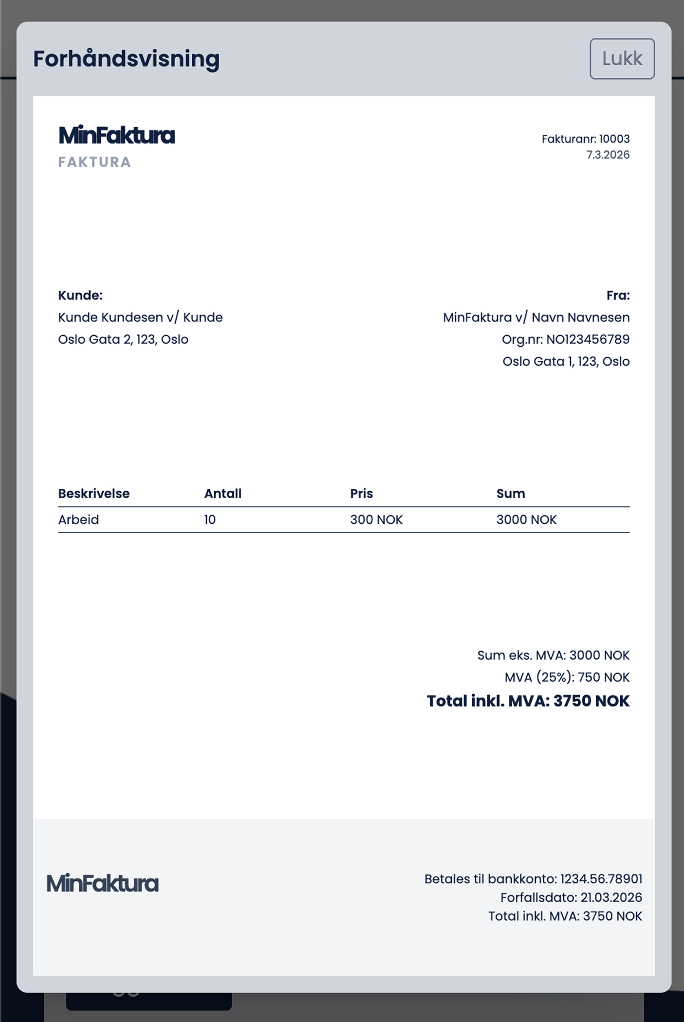 Skjermbilde av faktura PDF-forhåndsvisning i MinFaktura
